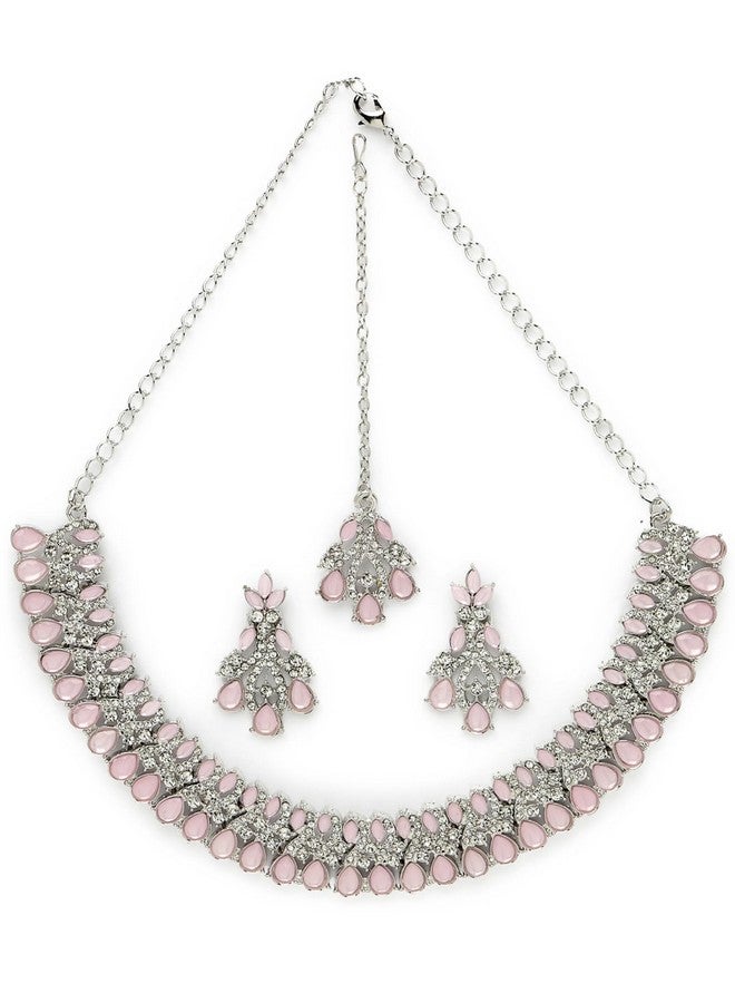 سوكهي طقم قلادة من حجر الراين الأبيض الوردي المطلي بالروديوم من Sukkhi Exquisite مع قرط وقلادة مانجتيكا | طقم مجوهرات للنساء (NS105621) - Image 1