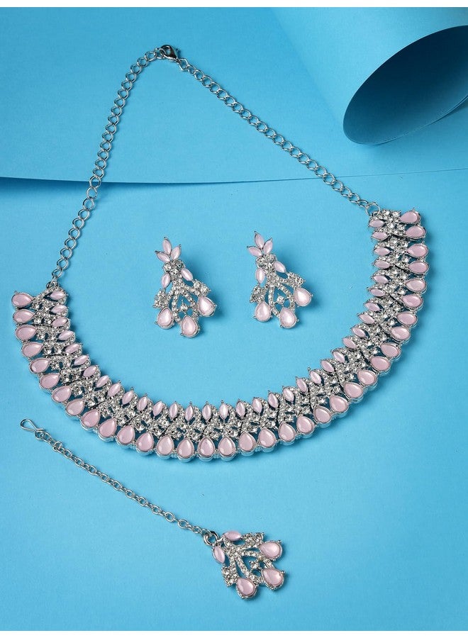 سوكهي طقم قلادة من حجر الراين الأبيض الوردي المطلي بالروديوم من Sukkhi Exquisite مع قرط وقلادة مانجتيكا | طقم مجوهرات للنساء (NS105621) - Image 4