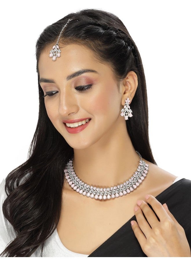 سوكهي طقم قلادة من حجر الراين الأبيض الوردي المطلي بالروديوم من Sukkhi Exquisite مع قرط وقلادة مانجتيكا | طقم مجوهرات للنساء (NS105621) - Image 2