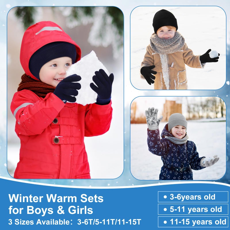 Evervibe 8 Pack Kids Beanie Hats and Gloves Set Knitted Beanies Hat Warm Stretch Gripper Gloves Winter Hats for Boys Girls (Dark,3-6 Years) - Image 5