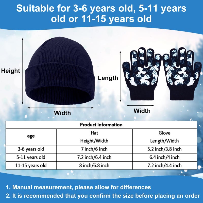 Evervibe 8 Pack Kids Beanie Hats and Gloves Set Knitted Beanies Hat Warm Stretch Gripper Gloves Winter Hats for Boys Girls (Dark,3-6 Years) - Image 2