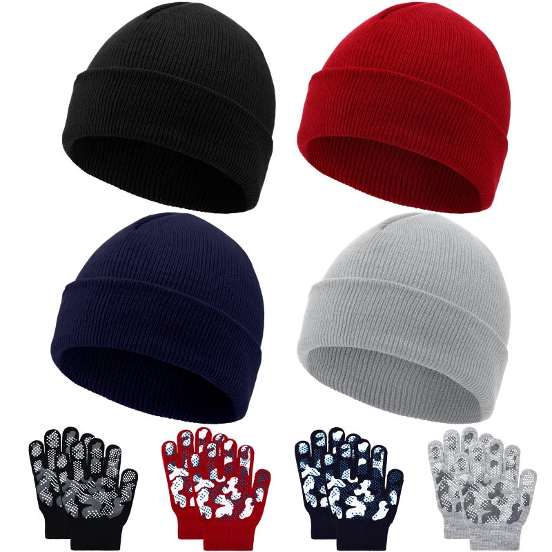 Evervibe 8 Pack Kids Beanie Hats and Gloves Set Knitted Beanies Hat Warm Stretch Gripper Gloves Winter Hats for Boys Girls (Dark,3-6 Years) - Image 1