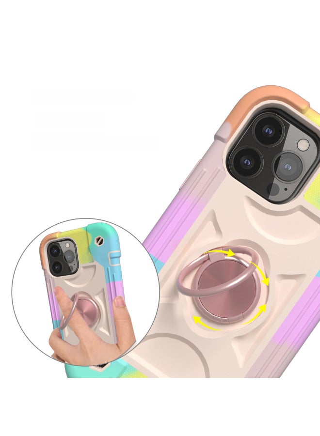 For Iphone 13Pro Phone Case 12 Three-in-One Thickened Full Coverage Drop-Resistant 11 Magnetic Finger Ring Bracket With Airbag-Color:Colorful Beige-Applicable Model:For Iphone6/7/8g/SE2 (Universal)  - Image 3