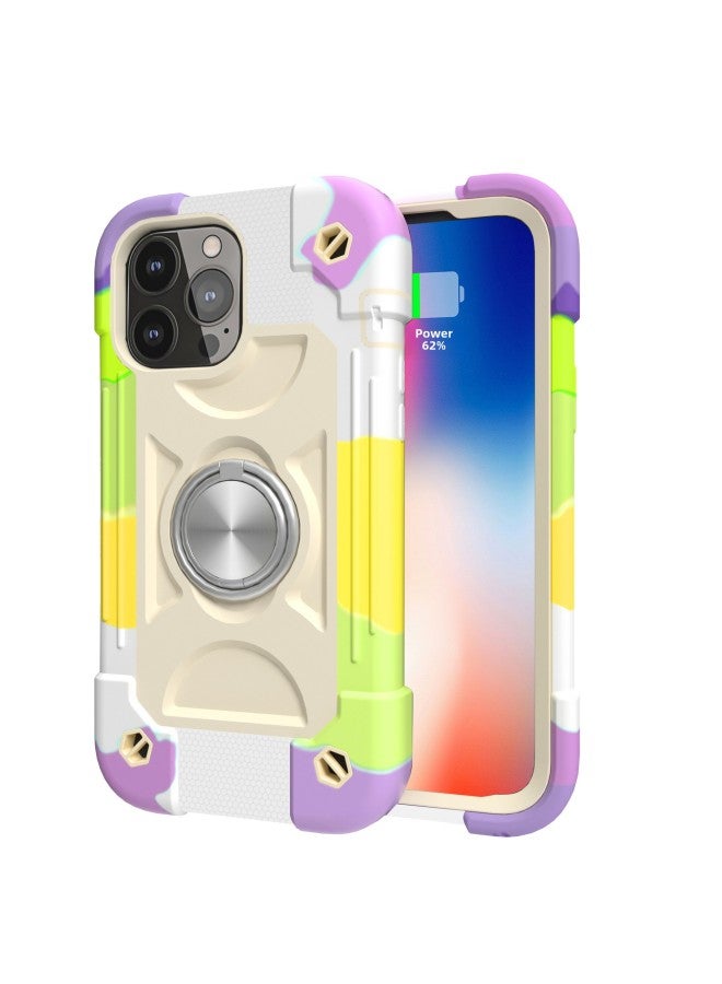 For Iphone 13Pro Phone Case 12 Three-in-One Thickened Full Coverage Drop-Resistant 11 Magnetic Finger Ring Bracket With Airbag-Color:Colorful Beige-Applicable Model:For Iphone6/7/8g/SE2 (Universal)  - Image 1