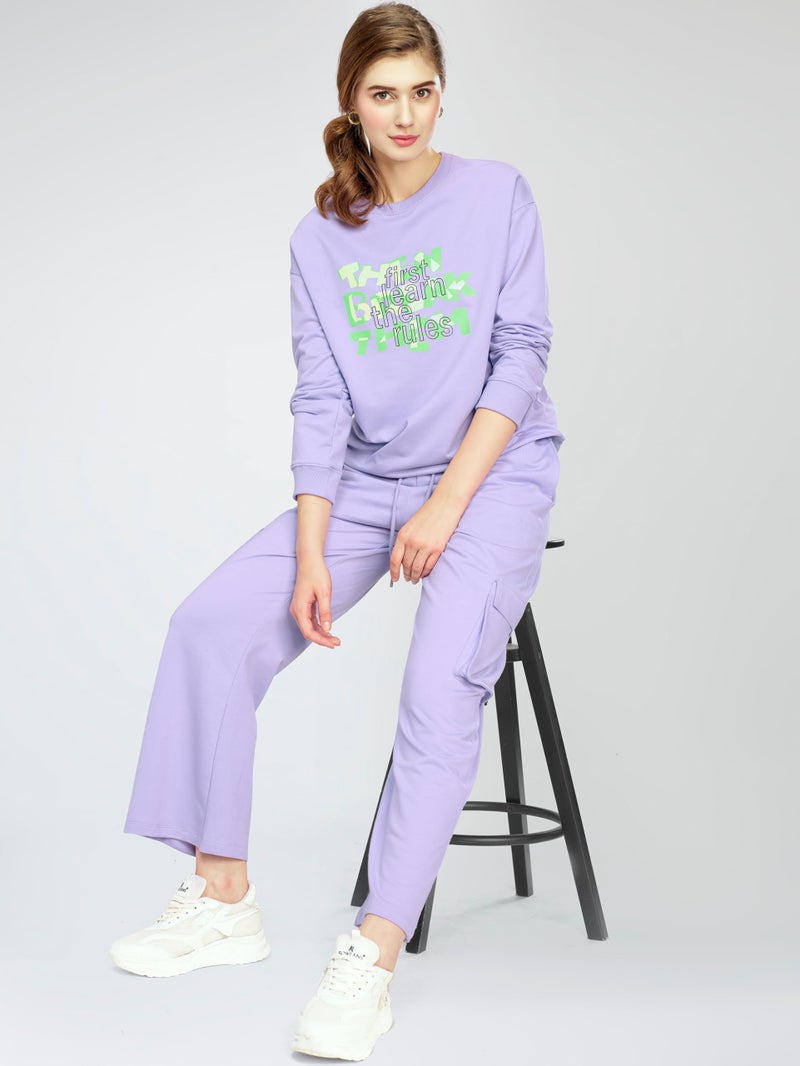 ZEYO Women's Cotton Violet Track Suit Typography Printed Sweatshirt Co-ords set 5824 - Image 3
