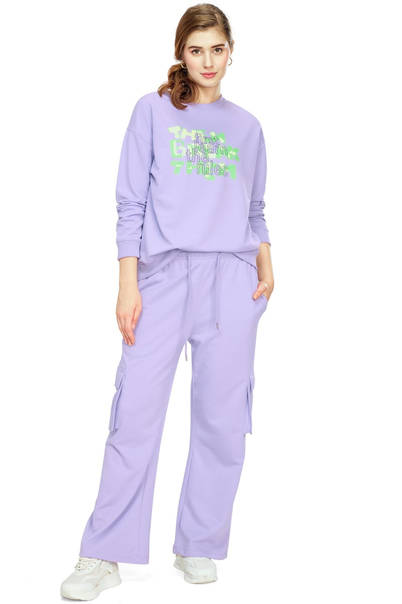 ZEYO Women's Cotton Violet Track Suit Typography Printed Sweatshirt Co-ords set 5824 - Image 1