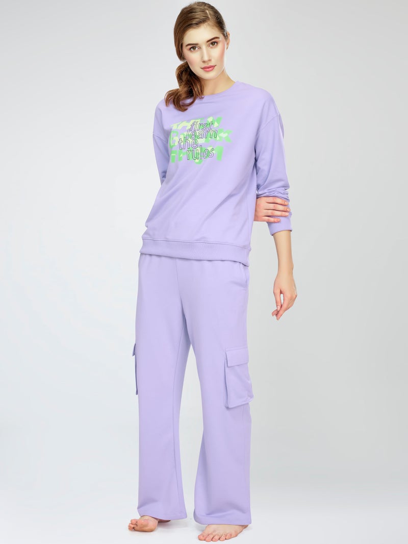 ZEYO Women's Cotton Violet Track Suit Typography Printed Sweatshirt Co-ords set 5824 - Image 5