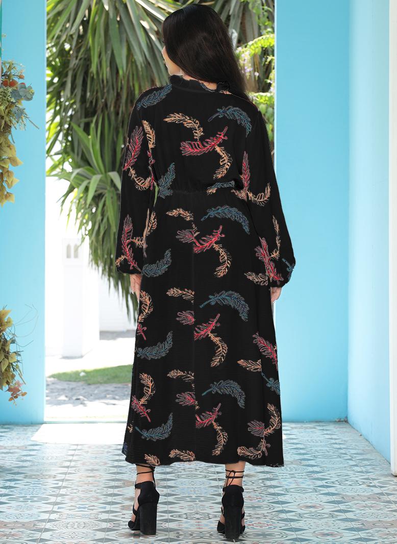 فرايديين كلاسيك طوق عالي اللون الصامد تطريز شرابة كم الفانوس فساتين طويلة اسود - Image 3