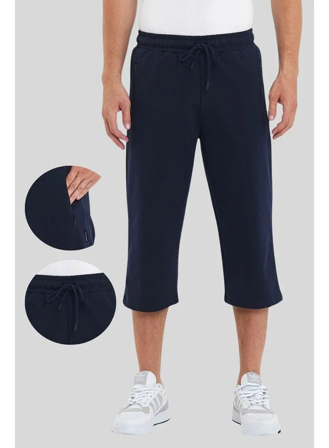 Mmetalic  Men's Navy Blue Knee-Length Bermuda Capri Long Shorts with Zippered Pockets and Adjustable Elastic Waist. for Men | Best Price UAE