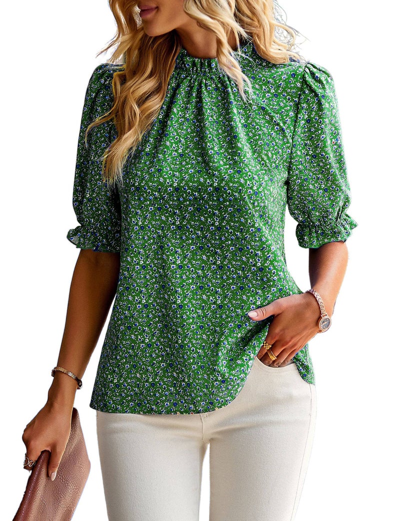 ZILIN Women's Summer Boho Shirt Top Mock Neck Floral Print Ruffle Short Sleeve 2026 Casual Loose Blouses Tops Green M - Image 1
