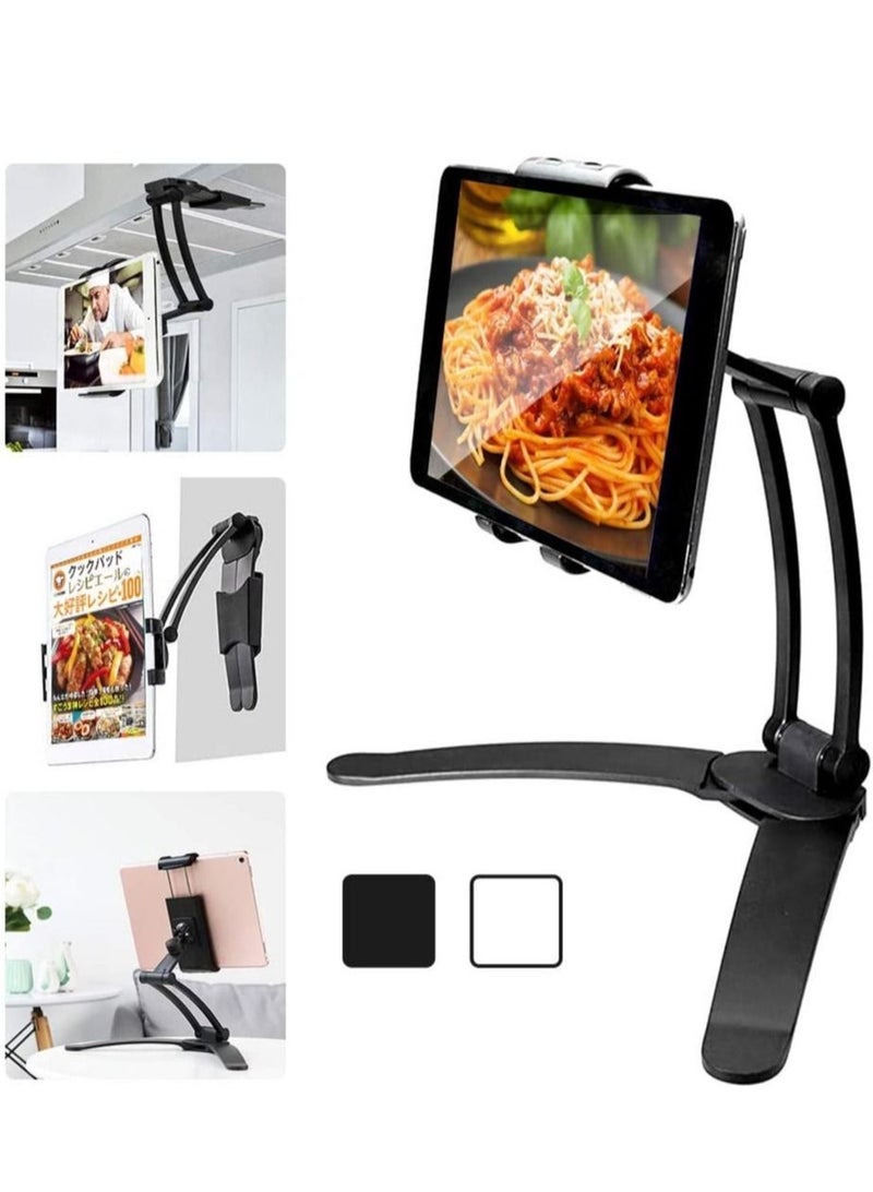 Kitchen Tablet Stand Wall Mount Adjustable, 2-in-1 Wall/Tabletop Desktop Recipe Holder for 4-11 Inch iPad Air Mini, iPhone 14 PRO Max XR X 6 7 8 Plus More Tablets (Black) - Image 1