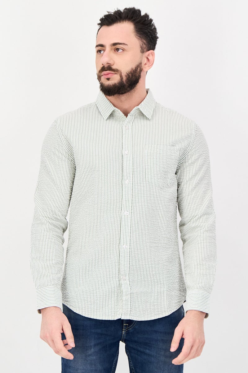 Aeropostale قميص رجالي عادي بأكمام طويلة مخطط، أخضر فاتح - Image 1