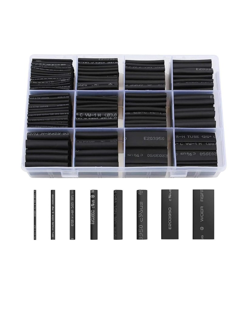 ECVV 650Pcs Premium Heat Shrink Tubing Set - Black, 8 Sizes - Assorted Sleeving Tube Wrap Cable Wire Kit for DIY Projects
