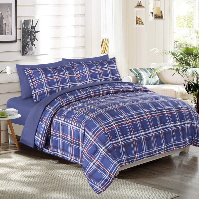 EMME Queen Comforter Set with Sheets 7 Piece Queen Size Bedding Sets All Season Plaid Bedspread Bed Set with 1 Comforter 1 Flat Sheet 2 Pillowcases and 2 Pillow Shams