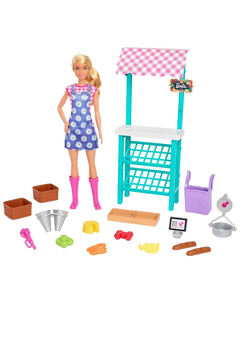 Barbie - Barbie Farmers Market Playset, Barbie Doll (Blonde), Market Stand, Register, Vegetables, Bread, Flowers & More, 3 & Up - Image 1