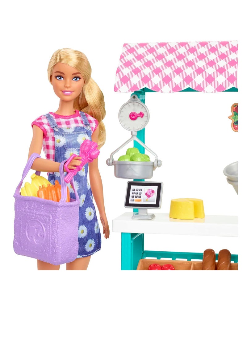 Barbie - Barbie Farmers Market Playset, Barbie Doll (Blonde), Market Stand, Register, Vegetables, Bread, Flowers & More, 3 & Up - Image 1