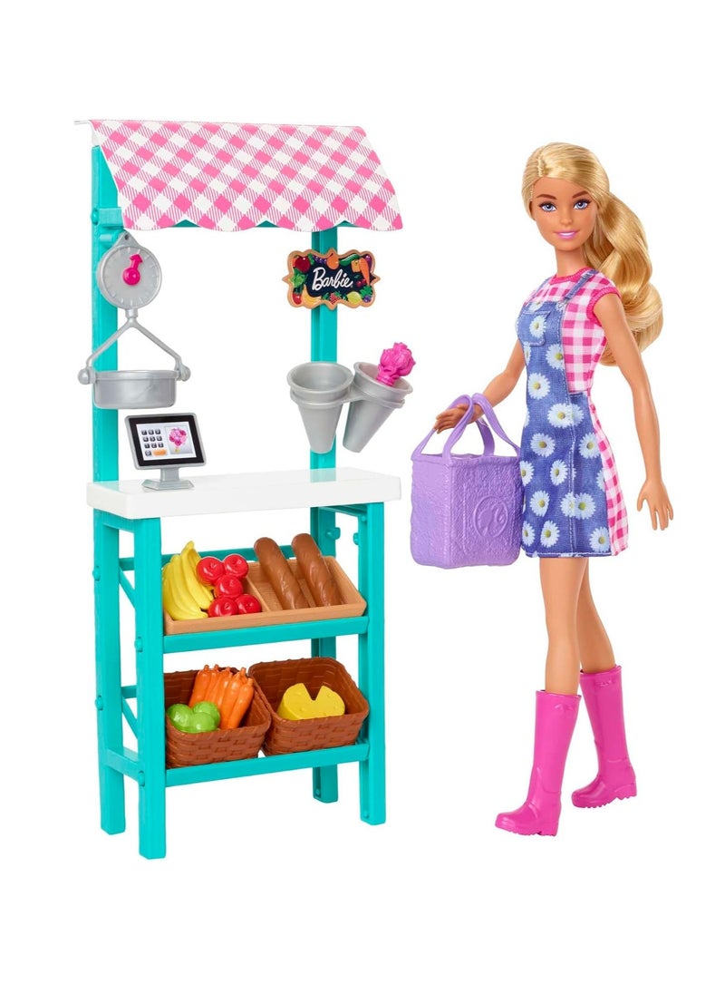 Barbie - Barbie Farmers Market Playset, Barbie Doll (Blonde), Market Stand, Register, Vegetables, Bread, Flowers & More, 3 & Up - Image 1