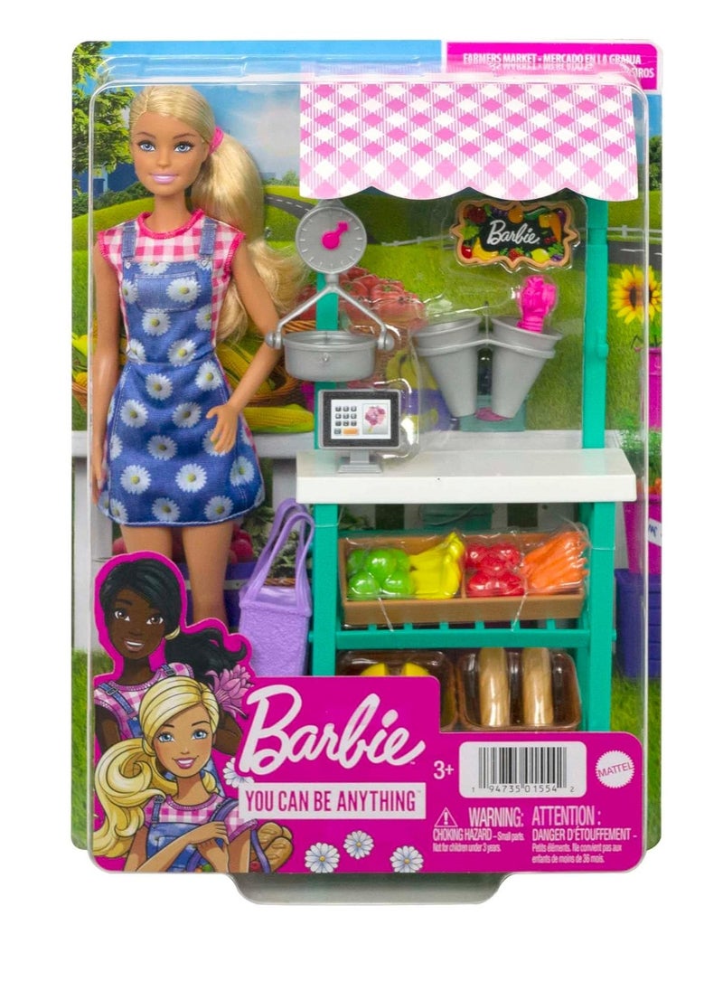 Barbie - Barbie Farmers Market Playset, Barbie Doll (Blonde), Market Stand, Register, Vegetables, Bread, Flowers & More, 3 & Up - Image 1