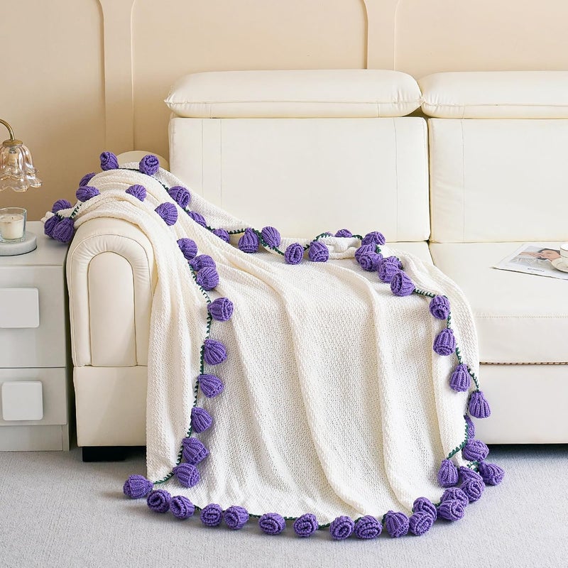 Longhui bedding لحاف زهرة التوليب البنفسجي، لحاف دائري عملاق ناعم من مادة الشينيل (بيج، 40 بوصة) - Image 3