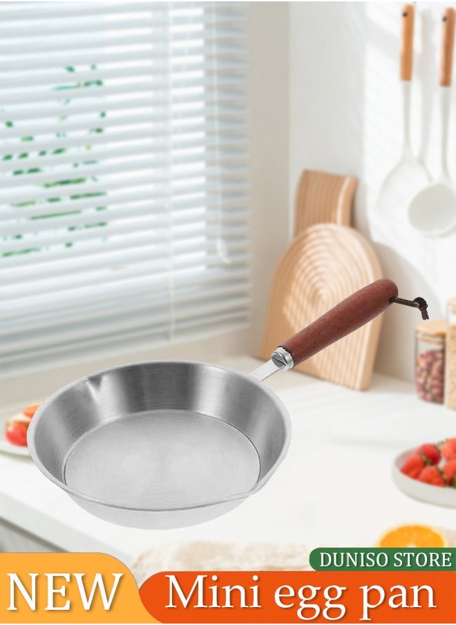 DUNISO Frying pan, mini stainless steel flat bottomed pan, uncoated and non stick, with wooden handle, suitable for frying eggs, pancakes, hot oil (12cm)  - Image 1