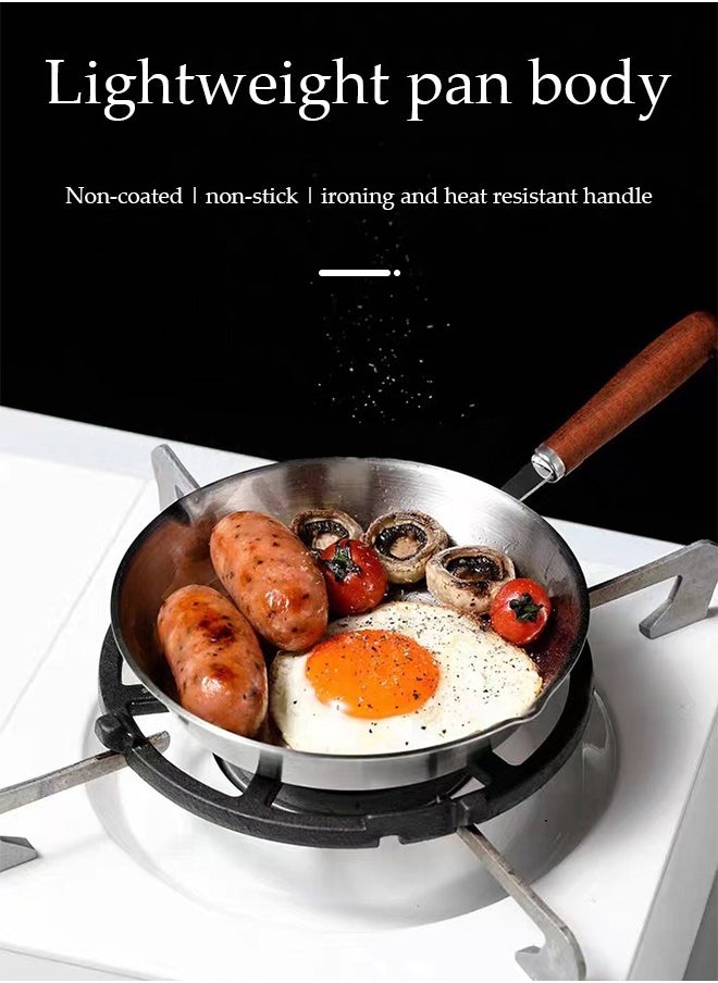 DUNISO Frying pan, mini stainless steel flat bottomed pan, uncoated and non stick, with wooden handle, suitable for frying eggs, pancakes, hot oil (12cm)  - Image 3