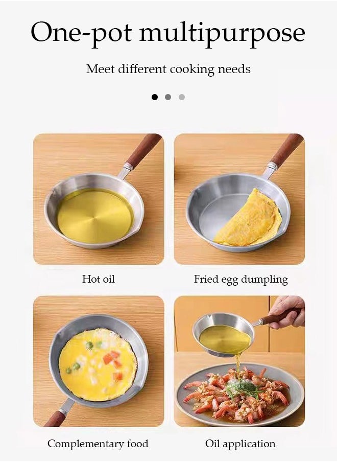 DUNISO - Frying pan, mini stainless steel flat bottomed pan, uncoated and non stick, with wooden handle, suitable for frying eggs, pancakes, hot oil (12cm) - Image 1