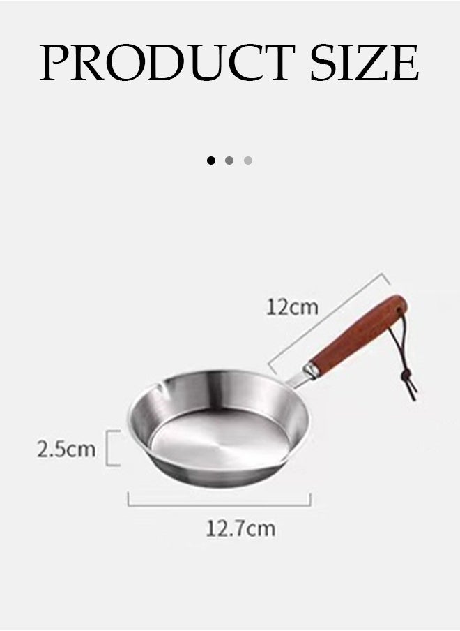 DUNISO Frying pan, mini stainless steel flat bottomed pan, uncoated and non stick, with wooden handle, suitable for frying eggs, pancakes, hot oil (12cm)  - Image 2