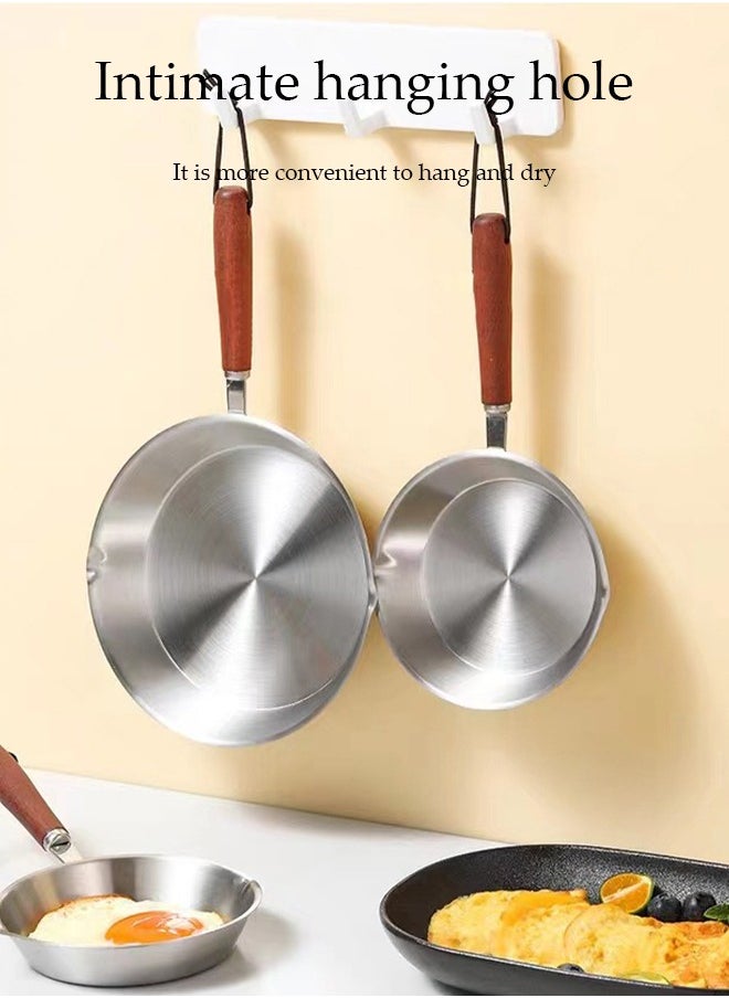 DUNISO - Frying pan, mini stainless steel flat bottomed pan, uncoated and non stick, with wooden handle, suitable for frying eggs, pancakes, hot oil (12cm) - Image 1