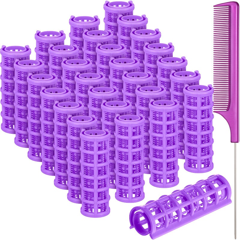 Syhood 28 Pieces Hair Roller 06 Inch Small Size Plastic Hair Rollers Hair Curlers with Steel Pintail Rat Tail Comb for Short Long Hair Styling Tools Purple - Image 2