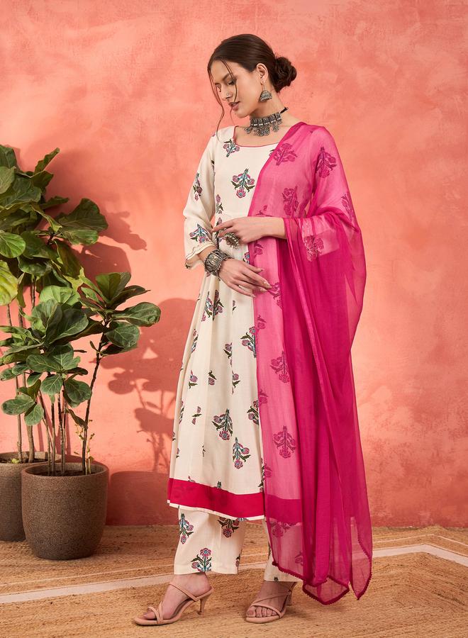 ساسافراس أبيض زهور رايون أناركالي كورتا مع بنطلون مستقيم وطقم دوباتا - Image 3