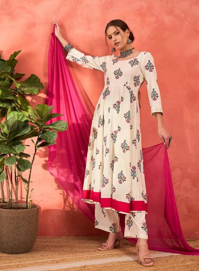 SASSAFRAS SASSAFRAS White Floral Rayon Anarkali Kurta with Straight Pants and Dupatta Set
