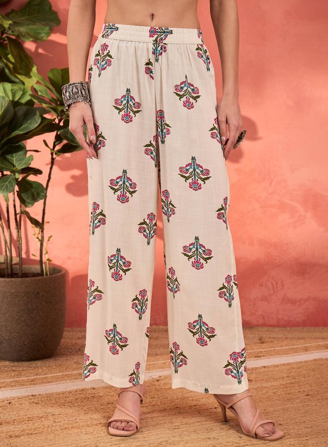 ساسافراس أبيض زهور رايون أناركالي كورتا مع بنطلون مستقيم وطقم دوباتا - Image 5