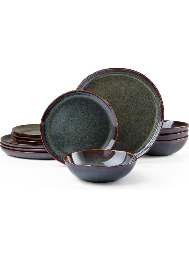 HaWare HaWare Plates and Bowls Set Stoneware Dinnerware Sets 12Piece Handpainted Dishware for 4 Ceramic Dinner Set for Home Kitchen Scratch Resistant Microwave and Dishwasher Safe Reactive Moss Green  - Image 1