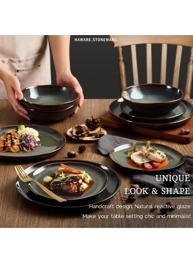 HaWare HaWare Plates and Bowls Set Stoneware Dinnerware Sets 12Piece Handpainted Dishware for 4 Ceramic Dinner Set for Home Kitchen Scratch Resistant Microwave and Dishwasher Safe Reactive Moss Green  - Image 4