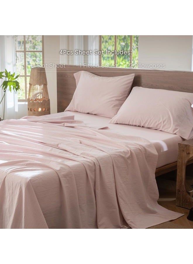 MooMee Bedding Sheet Set 100% Washed Cotton Linen Like Textured Breathable Durable Soft Comfy (Heathered Greyish Pink, Full) - Image 2