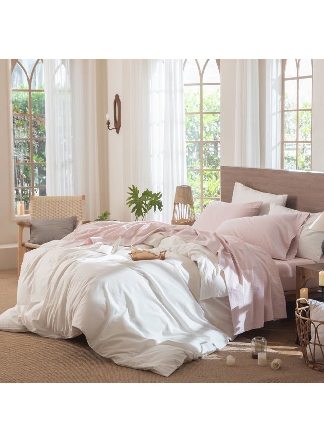 MooMee Bedding Sheet Set 100% Washed Cotton Linen Like Textured Breathable Durable Soft Comfy (Heathered Greyish Pink, Full) - Image 3