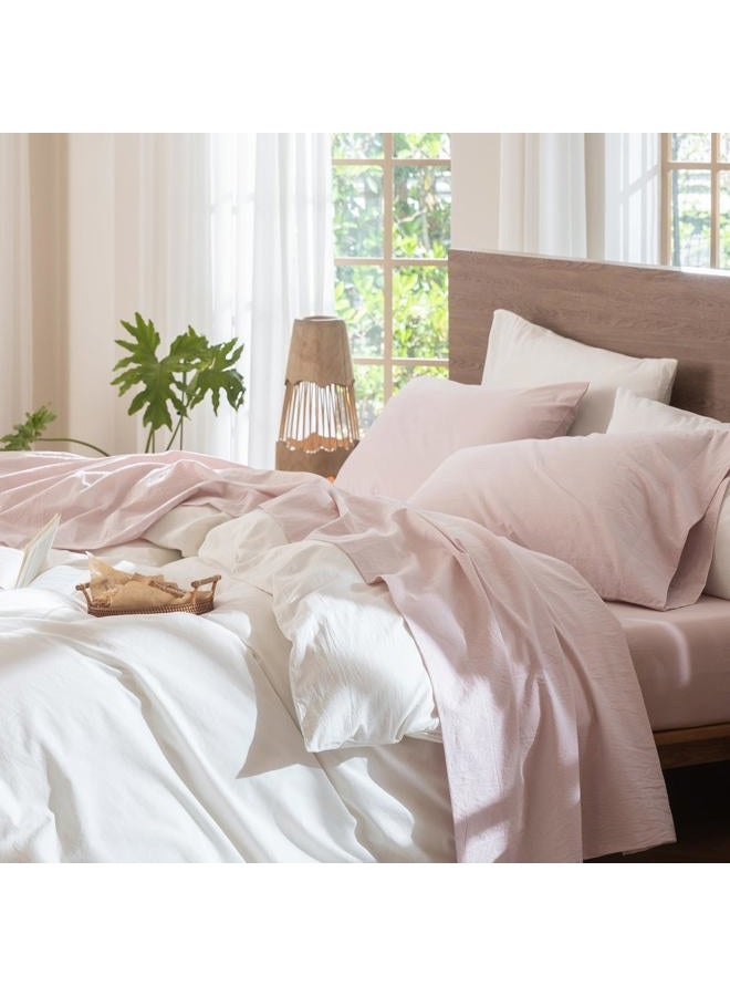 MooMee Bedding Sheet Set 100% Washed Cotton Linen Like Textured Breathable Durable Soft Comfy (Heathered Greyish Pink, Full) - Image 1