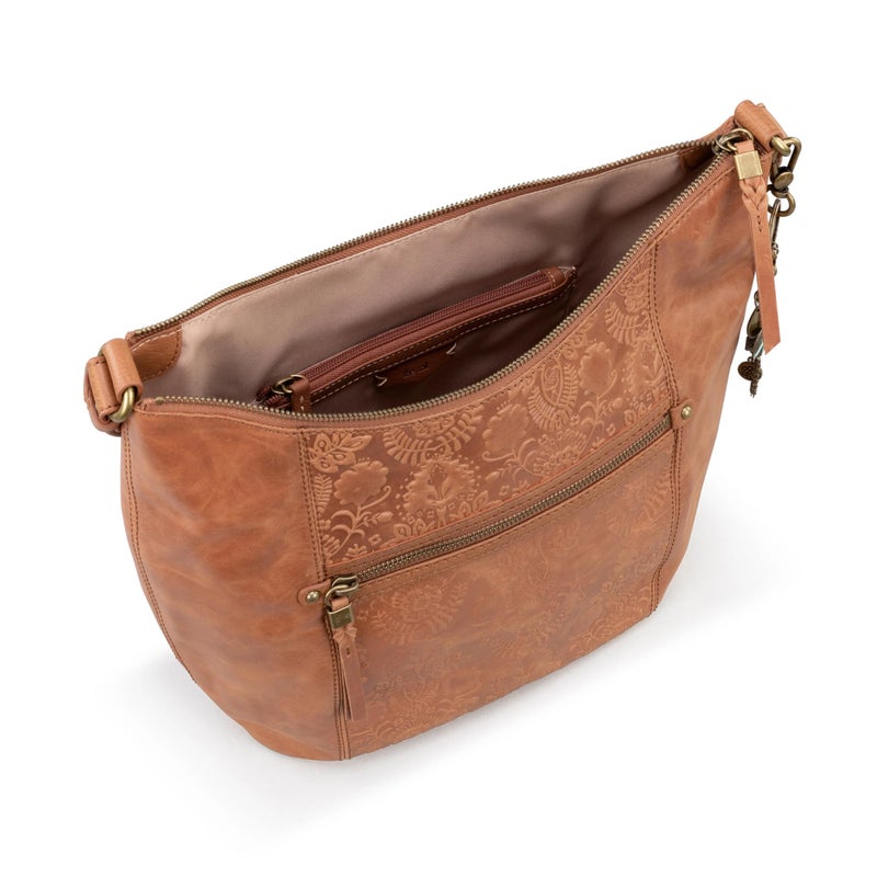 The Sak Sequoia Hobo Bag in Leather, Single Shoulder Strap, Tobacco Floral Emboss - Image 4