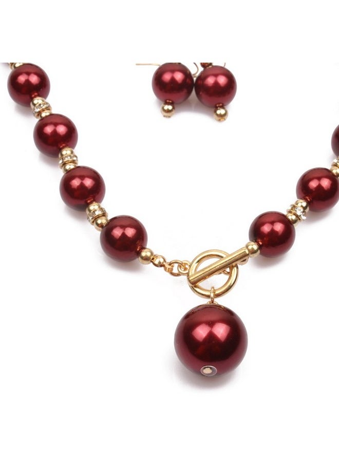 COLORFUL BLING Chunky Simulated Pearl Choker Necklace Drop Dangle Earrings Crystal Large Bib Big Round Beaded Strand Multicolor For Women Brides Costume Statement 1920S Christmas Wedding Jewelry Set-Wine Red  - Image 2