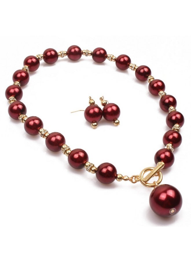 COLORFUL BLING Chunky Simulated Pearl Choker Necklace Drop Dangle Earrings Crystal Large Bib Big Round Beaded Strand Multicolor For Women Brides Costume Statement 1920S Christmas Wedding Jewelry Set-Wine Red  - Image 1