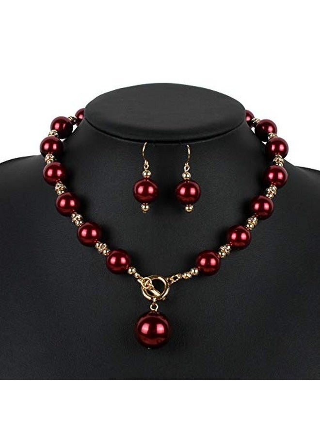 COLORFUL BLING Chunky Simulated Pearl Choker Necklace Drop Dangle Earrings Crystal Large Bib Big Round Beaded Strand Multicolor For Women Brides Costume Statement 1920S Christmas Wedding Jewelry Set-Wine Red  - Image 3