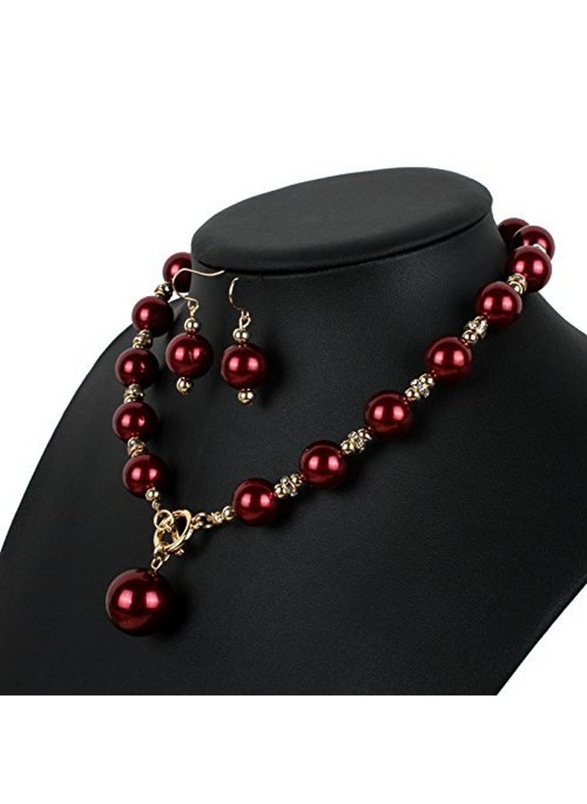 COLORFUL BLING Chunky Simulated Pearl Choker Necklace Drop Dangle Earrings Crystal Large Bib Big Round Beaded Strand Multicolor For Women Brides Costume Statement 1920S Christmas Wedding Jewelry Set-Wine Red  - Image 4