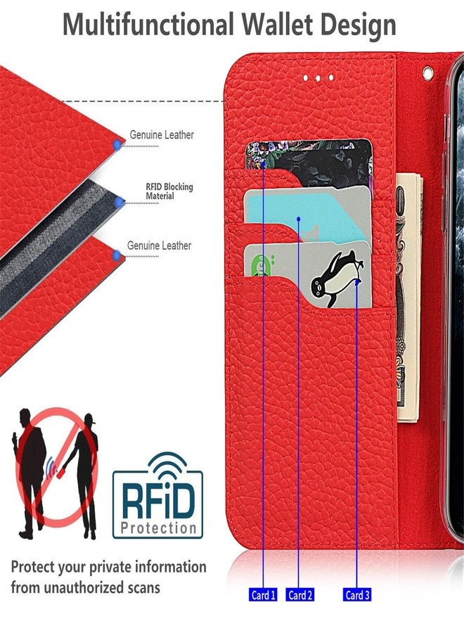 iCoverCase Compatible with iPhone 11 Wallet Case, RFID Blocking Genuine Leather Magnetic Case with Wrist Strap and Card Slots Kickstand Feature Flip Cover 6.1 Inch (Red) - Image 3