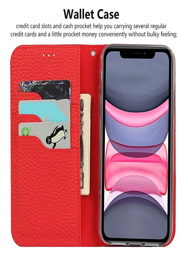 iCoverCase Compatible with iPhone 11 Wallet Case, RFID Blocking Genuine Leather Magnetic Case with Wrist Strap and Card Slots Kickstand Feature Flip Cover 6.1 Inch (Red) - Image 4