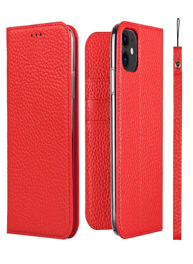 iCoverCase Compatible with iPhone 11 Wallet Case, RFID Blocking Genuine Leather Magnetic Case with Wrist Strap and Card Slots Kickstand Feature Flip Cover 6.1 Inch (Red) - Image 1