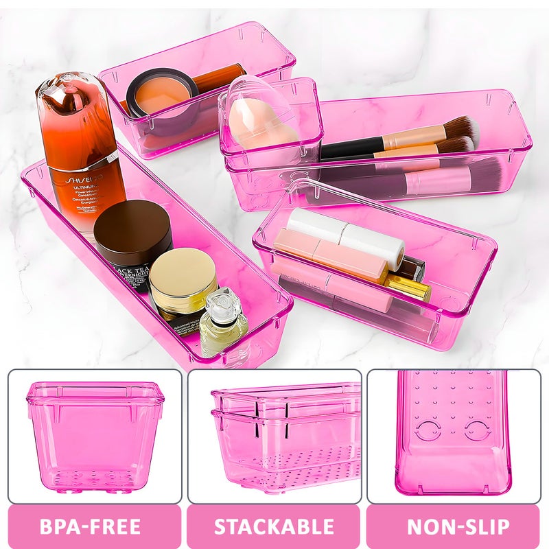 Kuber Industries Acrylic Set of 32 Transparent Cosmetic Organizer Tray | Drawers Organisers for Kitchen, Office and Bathroom Vanity Makeup | Stationery Storage Drawer Divider Tray | Pink - Image 5