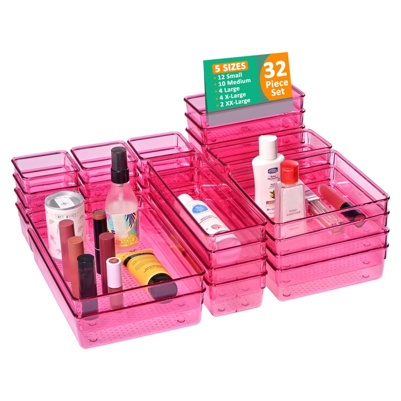 Kuber Industries Acrylic Set of 32 Transparent Cosmetic Organizer Tray | Drawers Organisers for Kitchen, Office and Bathroom Vanity Makeup | Stationery Storage Drawer Divider Tray | Pink - Image 1