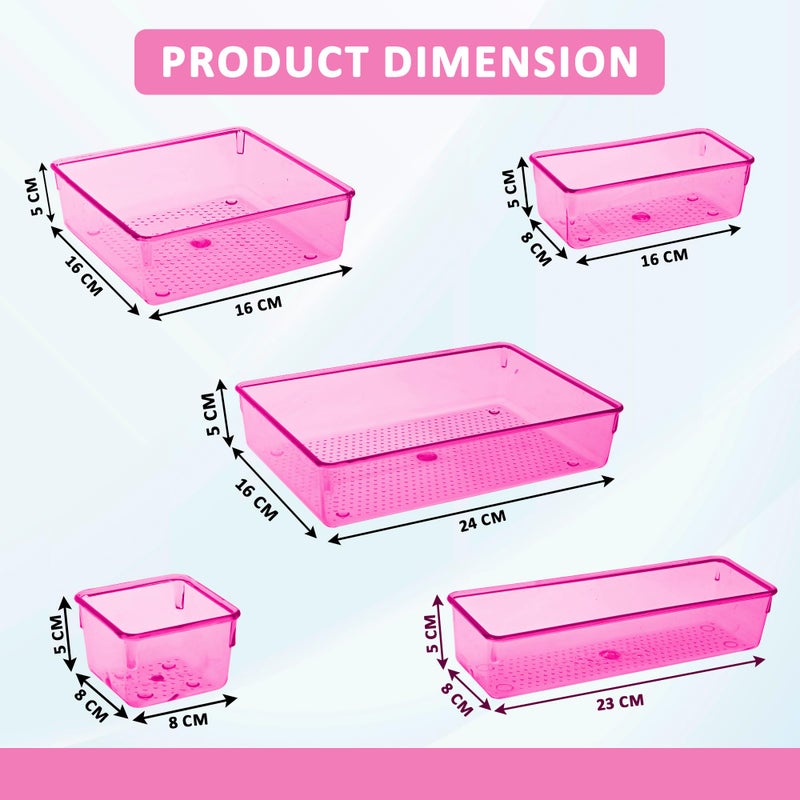 Kuber Industries Acrylic Set of 32 Transparent Cosmetic Organizer Tray | Drawers Organisers for Kitchen, Office and Bathroom Vanity Makeup | Stationery Storage Drawer Divider Tray | Pink - Image 3