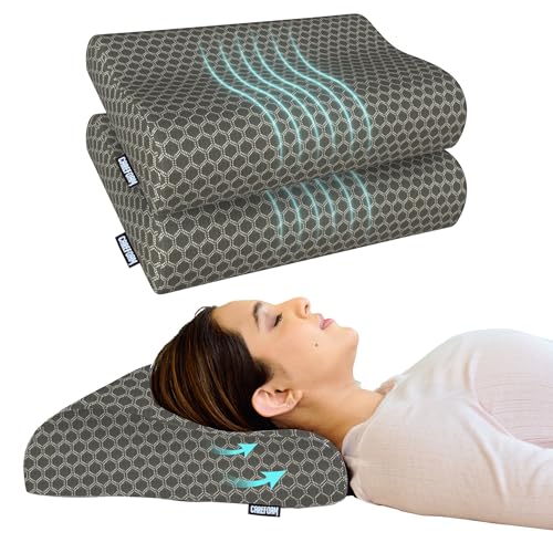 CareFoam Memory Foam Cervical Neck Pillow | 2 Years Warranty | Pain Relief Sleep, Improves Posture Spinal Alignment, Neck Pain Relief | Queen 19 x 11 x 3.5 Inch | Black Jacquard Cover | Pack of 2 - Image 1
