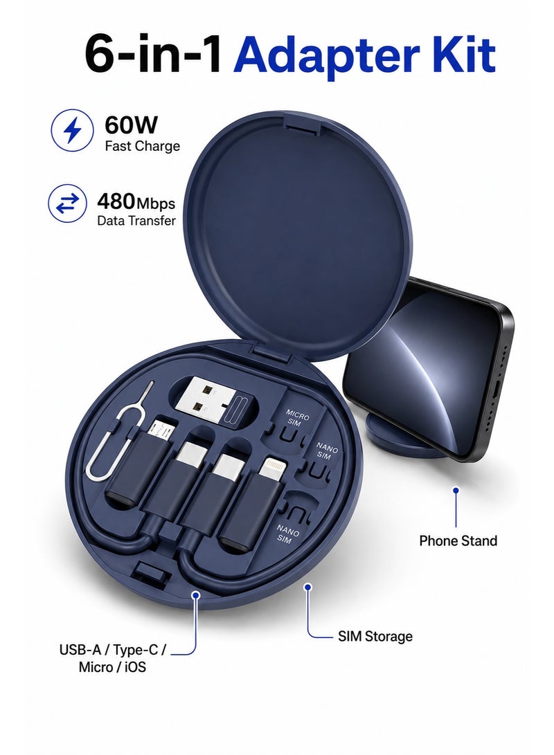 مجموعة كابل محول شحن USB متعدد ، صندوق كابل جهاز USB C إلى iOS ، مجموعة تحويل USB A & Type C إلى جهاز Micro / Type C / iOS للذكور ، نقل البيانات ، تخزين البطاقة ، دبوس إخراج الدرج ، حامل الهاتف (أزرق داكن) - Image 1
